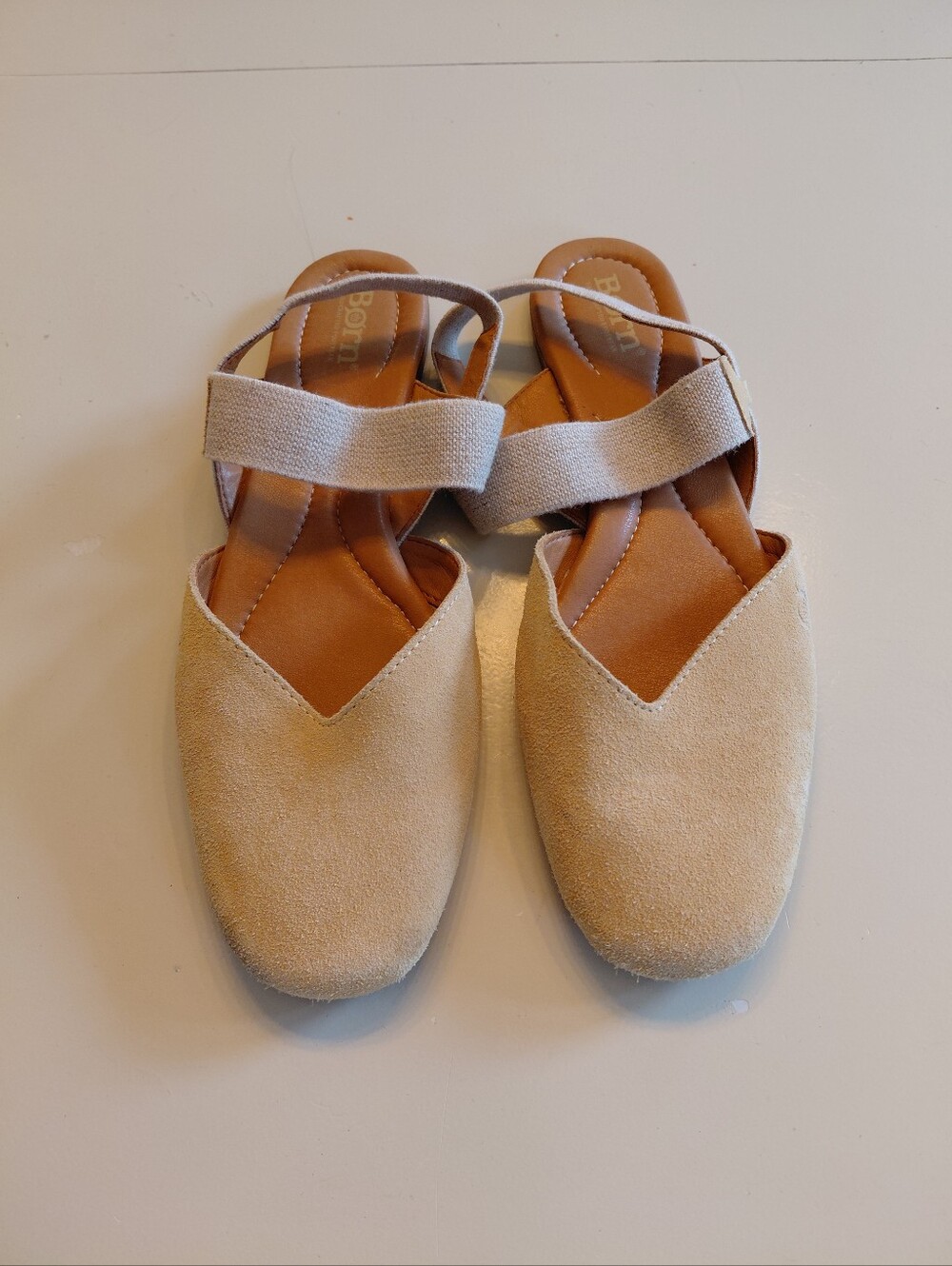 Born Suede Coho Slip-On Ballet Flats Size 10 Sling Back Closed Toe Tan Leather